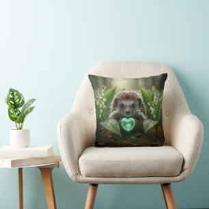 Cute May Hedgehog with Emerald Heart Throw Pillow