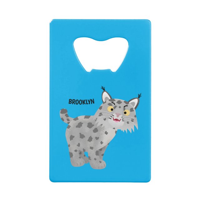 Cute mean bobcat lynx cartoon credit card bottle opener (Front)