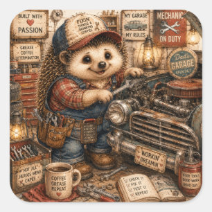 Cute Mechanic Hedgehog Rustic Garage Square Sticker