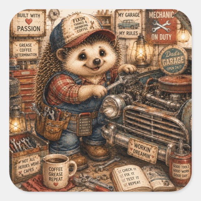 Cute Mechanic Hedgehog Rustic Garage Square Sticker (Front)