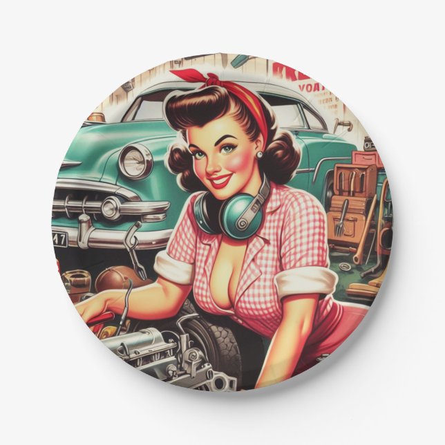 Cute Mechanic Pin-up Paper Plate (Front)