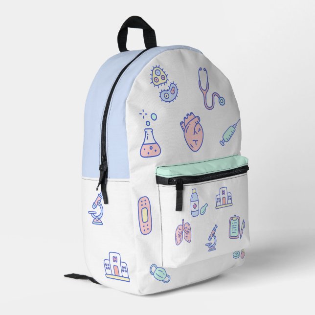 Cute medical cartoon doctor nursing doodles printed backpack (Back Corner Left)