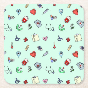 Cute Medical Icon Pattern Square Paper Coaster