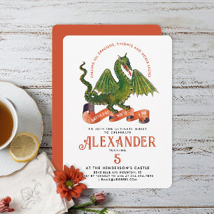 Cute Medieval Orange Green Dragon Kids Bday Typo Invitation