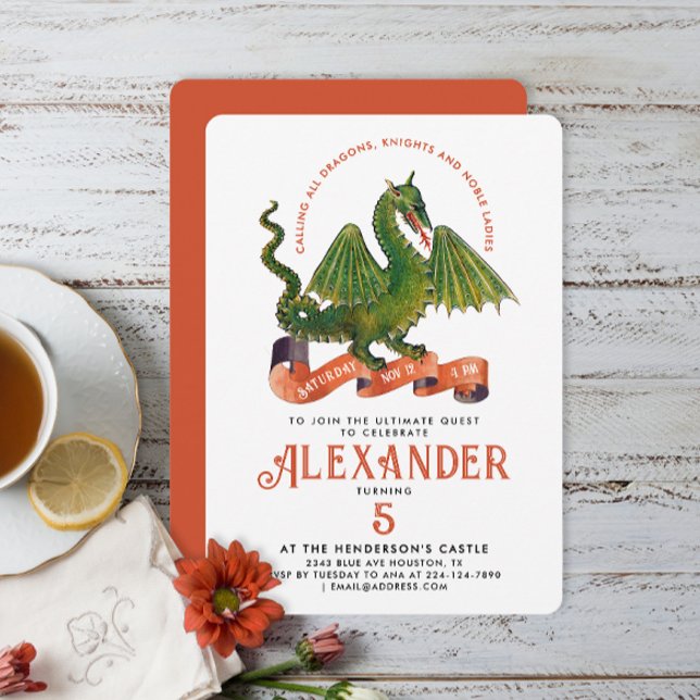 Cute Medieval Orange Green Dragon Kids Bday Typo Invitation (Creator Uploaded)