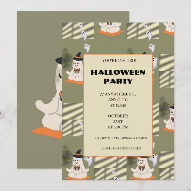 Cute Meditating Ghost with Witch Hat Invitation (Front/Back)