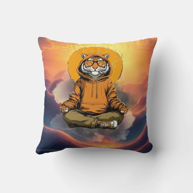 Cute Meditating Tiger – Zen Animal Cartoon Design Throw Pillow (Back)