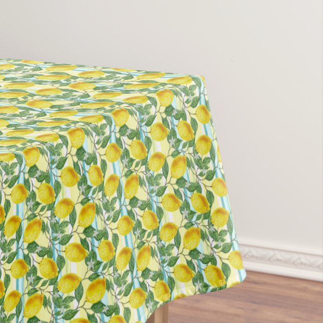 Cute Mediterranean Summer Lemon Fruit Art Pattern Tablecloth (In Situ)