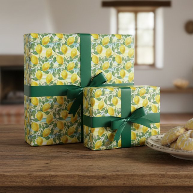 Cute Mediterranean Summer Lemon Fruit Art Pattern Wrapping Paper (Creator Uploaded)