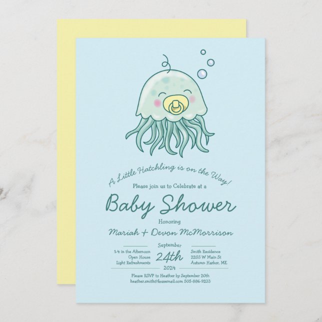 Cute méduse Baby shower Kawaii Invitation (Devant / Derrière)