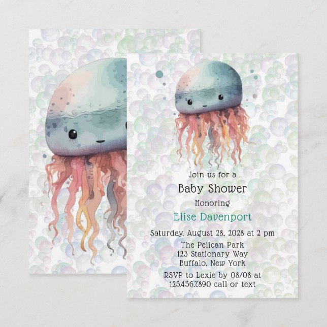Cute méduse bulles Baby shower neutre invitation (Devant / Derrière)