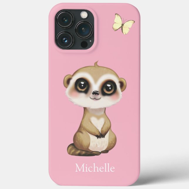 Cute Meerkat and Butterfly on Pink Case-Mate iPhone Case (Back)