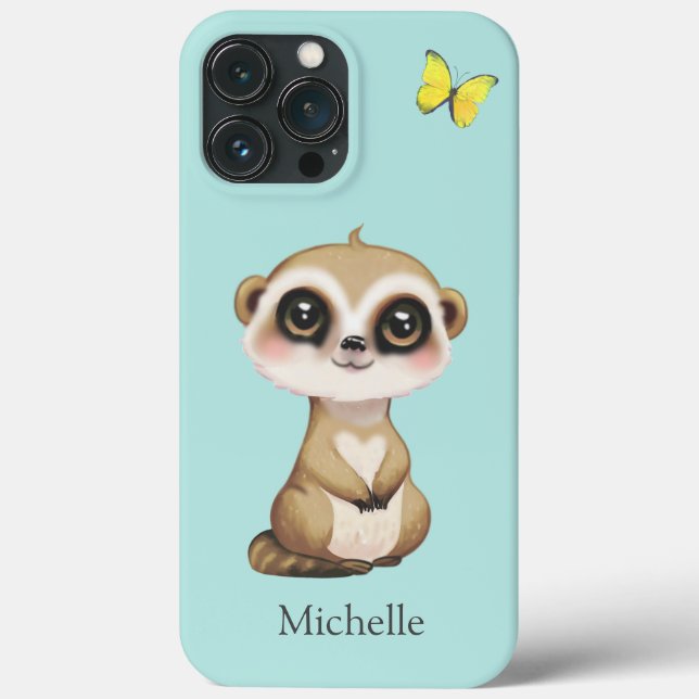 Cute Meerkat and Butterfly on Teal Case-Mate iPhone Case (Back)