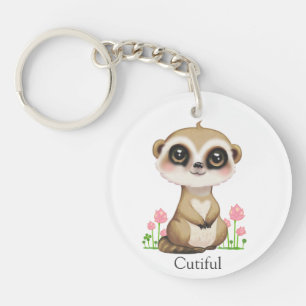 Cute Meerkat and Flowers on White Keychain