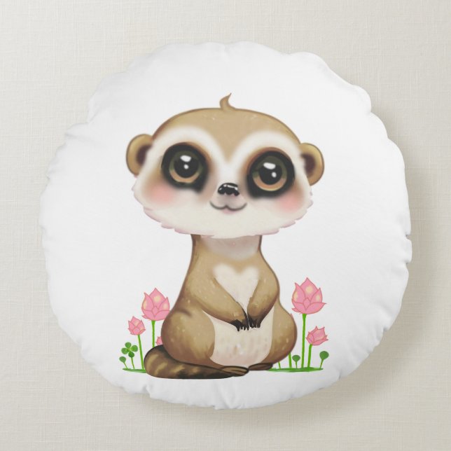 Cute Meerkat and Flowers on White Round Pillow (Front)