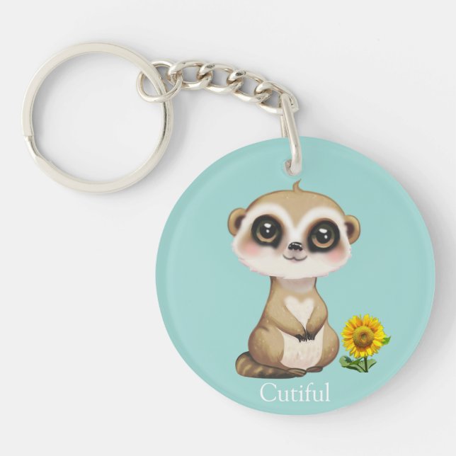 Cute Meerkat and Sunflower on Teal Keychain (Front)