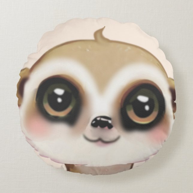 Cute Meerkat Face on Light Sand Beige Round Pillow (Front)