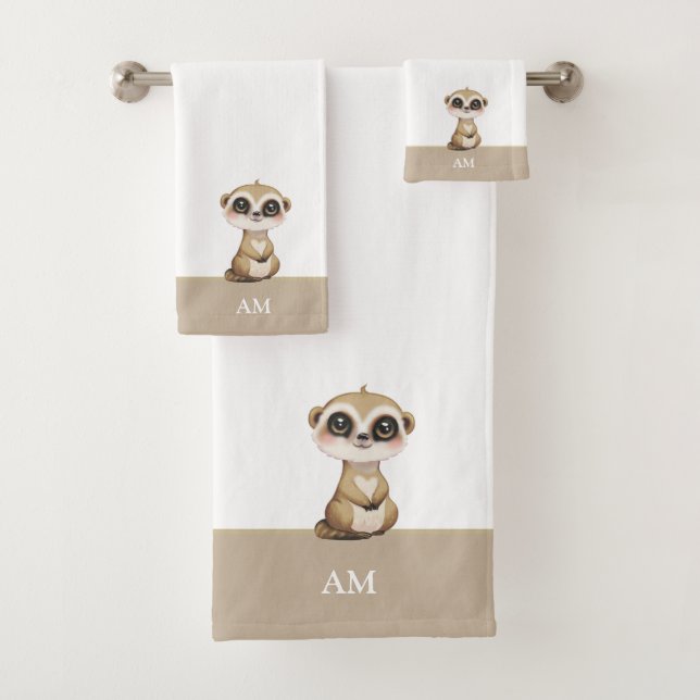 Cute Meerkat & Monogram on Beige & White Bath Towel Set (Insitu)