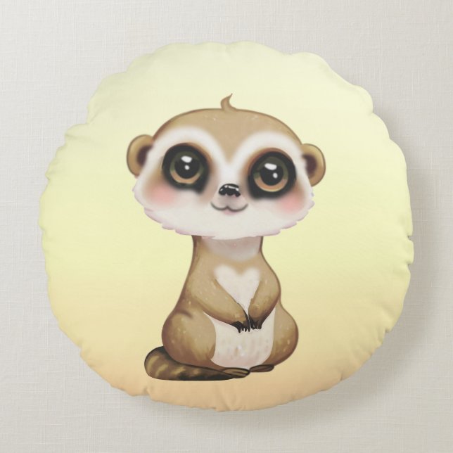 Cute Meerkat on Light Sand Beige Round Pillow (Front)