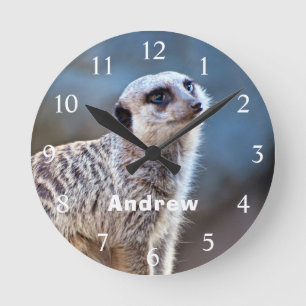 Cute Meerkat Posing Personalized Name Round Clock