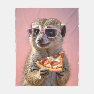 Cute Meerkat With Glasses and Pizza Fleece Blanket