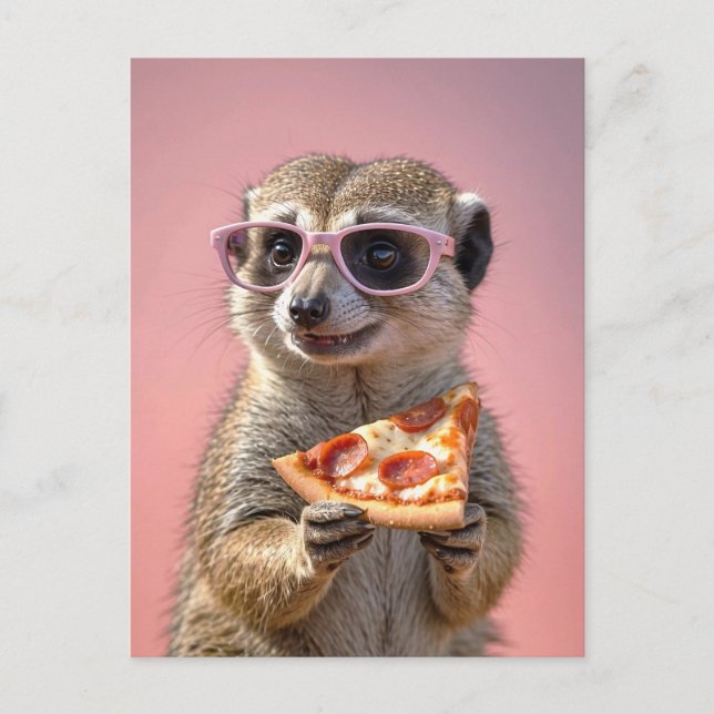 Cute Meerkat With Glasses and Pizza Postcard (Front)