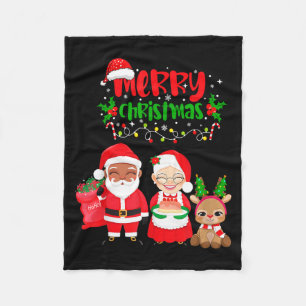 Cute Melanin Santa & Mrs Claus Interracial Fam Fleece Blanket