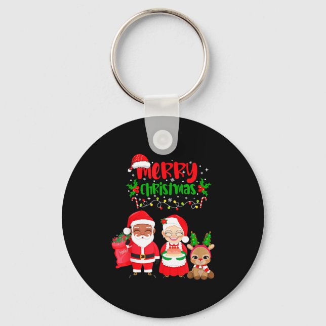 Cute Melanin Santa &amp; Mrs Claus Interracial Fam Keychain (Front)
