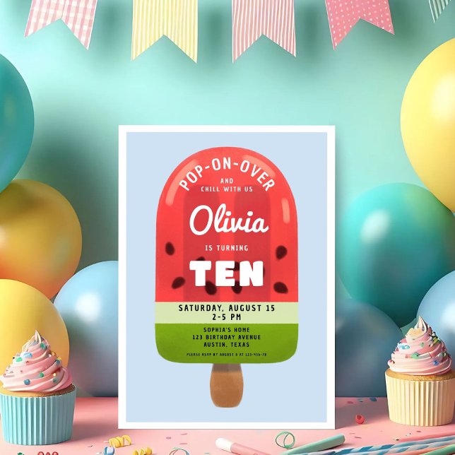 Cute Melon Popsicle Girl 10th Birthday Invitation (Cute Melon Popsicle Girl 10th Birthday Invitation)