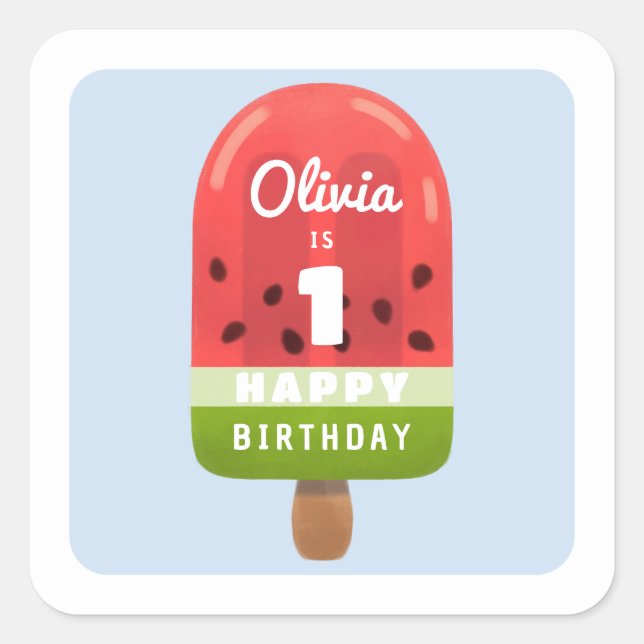 Cute Melon Popsicle Happy Birthday Square Sticker (Front)
