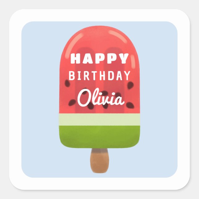 Cute Melon Popsicle Happy Birthday Square Sticker (Front)