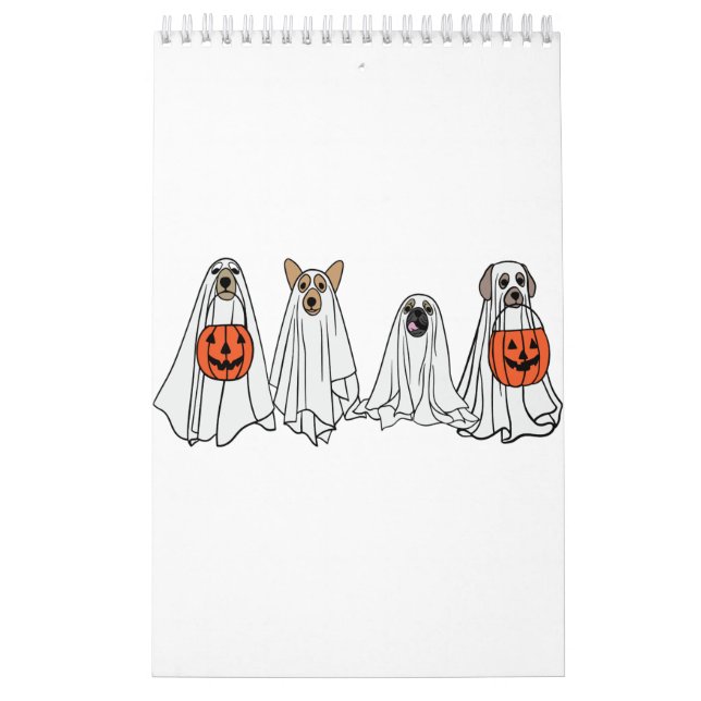 Cute men women Halloween dog dogs ghost pumpkin co Calendar (Cover)