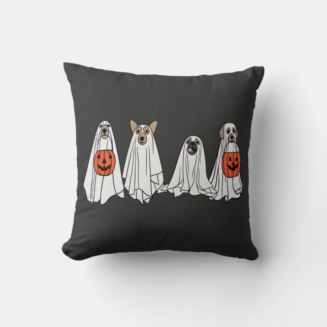 Cute men women Halloween dog dogs ghost pumpkin co Throw Pillow (Front)