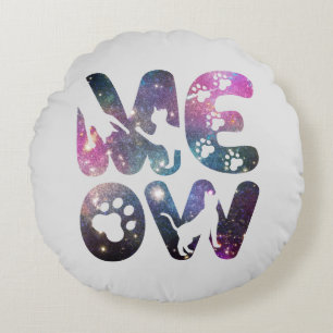Cute Meow Cat Silhouettes and Cat Paw Prints Round Pillow