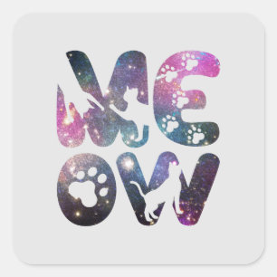 Cute Meow Cat Silhouettes and Cat Paw Prints Square Sticker