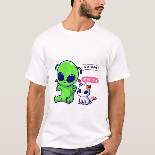 CUTE MEOW CAT WITH ALIEN  T-Shirt (Front)