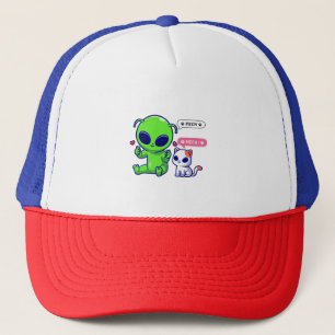 CUTE MEOW CAT WITH ALIEN  TRUCKER HAT