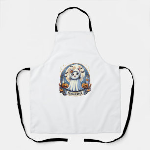 Cute Meow-lolween Cat in Ghost Costume Halloween A Apron