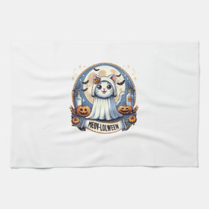 Cute Meow-lolween Cat in Ghost Costume Halloween A Kitchen Towel