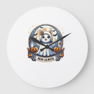 Cute Meow-lolween Cat in Ghost Costume Halloween A Large Clock