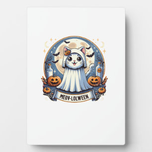 Cute Meow-lolween Cat in Ghost Costume Halloween A Plaque