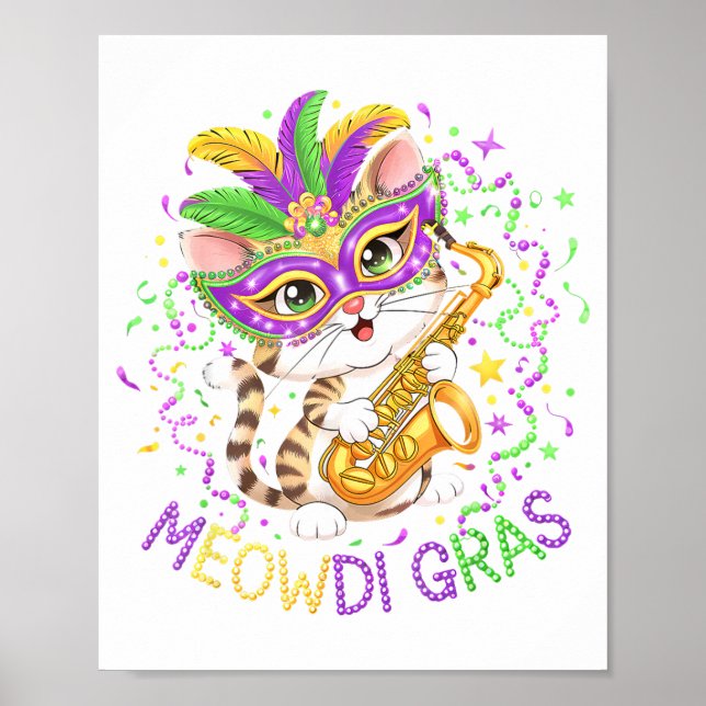 Cute Meowdi Gras Funny Mardi Cat Poster (Front)
