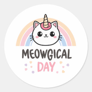 Cute "Meowgical Day" Caticorn Classic Round Sticker