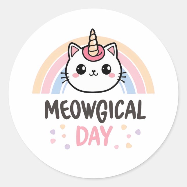 Cute "Meowgical Day" Caticorn Classic Round Sticker (Front)
