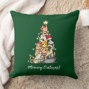 Cute Meowy Catmas Cats Christmas Tree Green Throw Pillow
