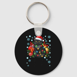 Cute Meowy Christmas Black Cat Santa Hat Xmas Wome Keychain