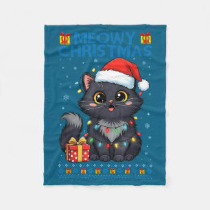Cute Meowy Christmas Cat – Kawaii Holiday Kitty Te Fleece Blanket