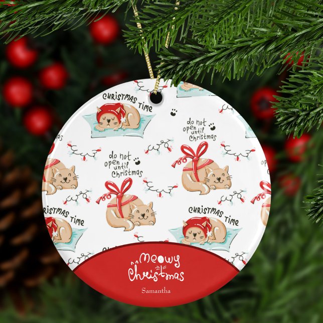 Cute Meowy Christmas Cat with First Name Christmas Ceramic Ornament (Creator Uploaded)