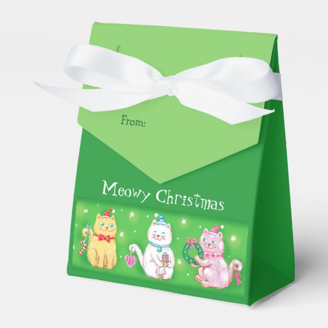 Cute Meowy Christmas Cats Green Favor Box (Front Side)