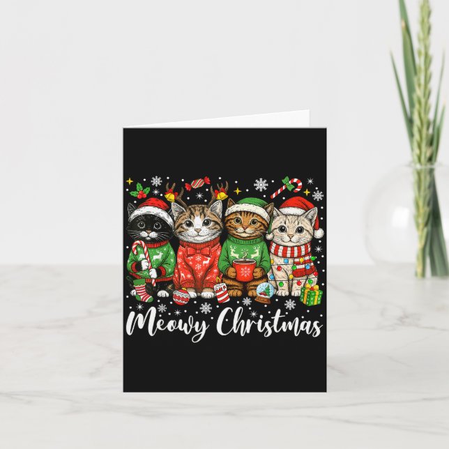 Cute Meowy Christmas Light Santa Hat Xmas Decorati Card (Front)